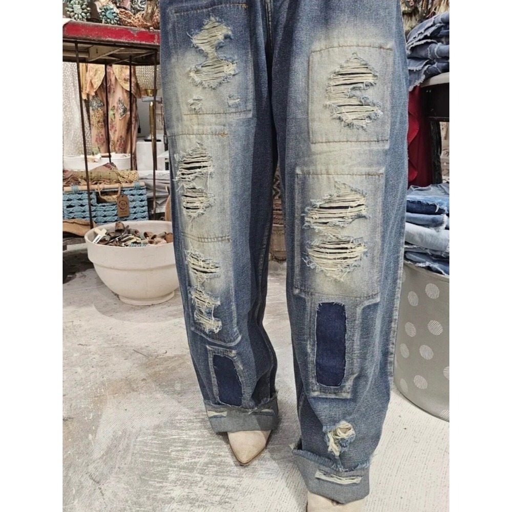 A Rare Bird Womens Grunge Jeans Patch Distressed Wide Leg M/L Elastic Waist NWT